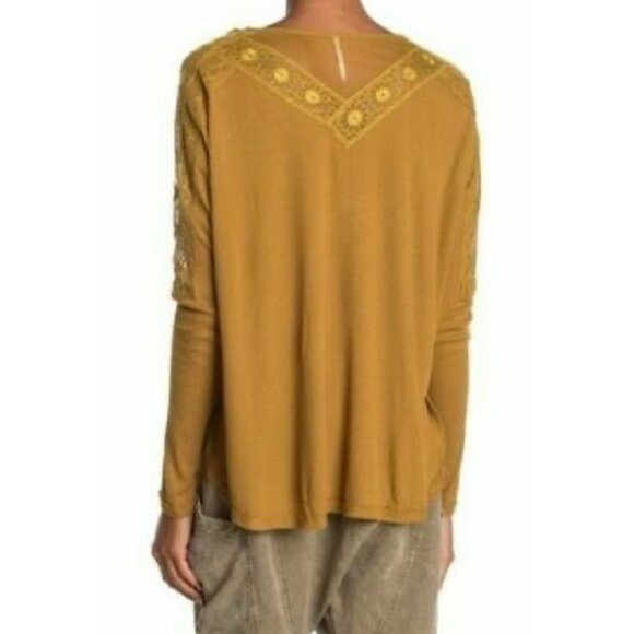 Free People Lola Lace Trim V-Neck Long Sleeve Oversized Tee S Mustard Yellow - Picture 7 of 9